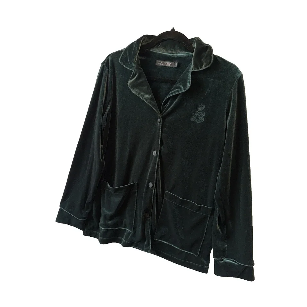 Lauren Ralph Lauren‎ Emerald Green Velvet Button Front Pajama Top Women's S Logo